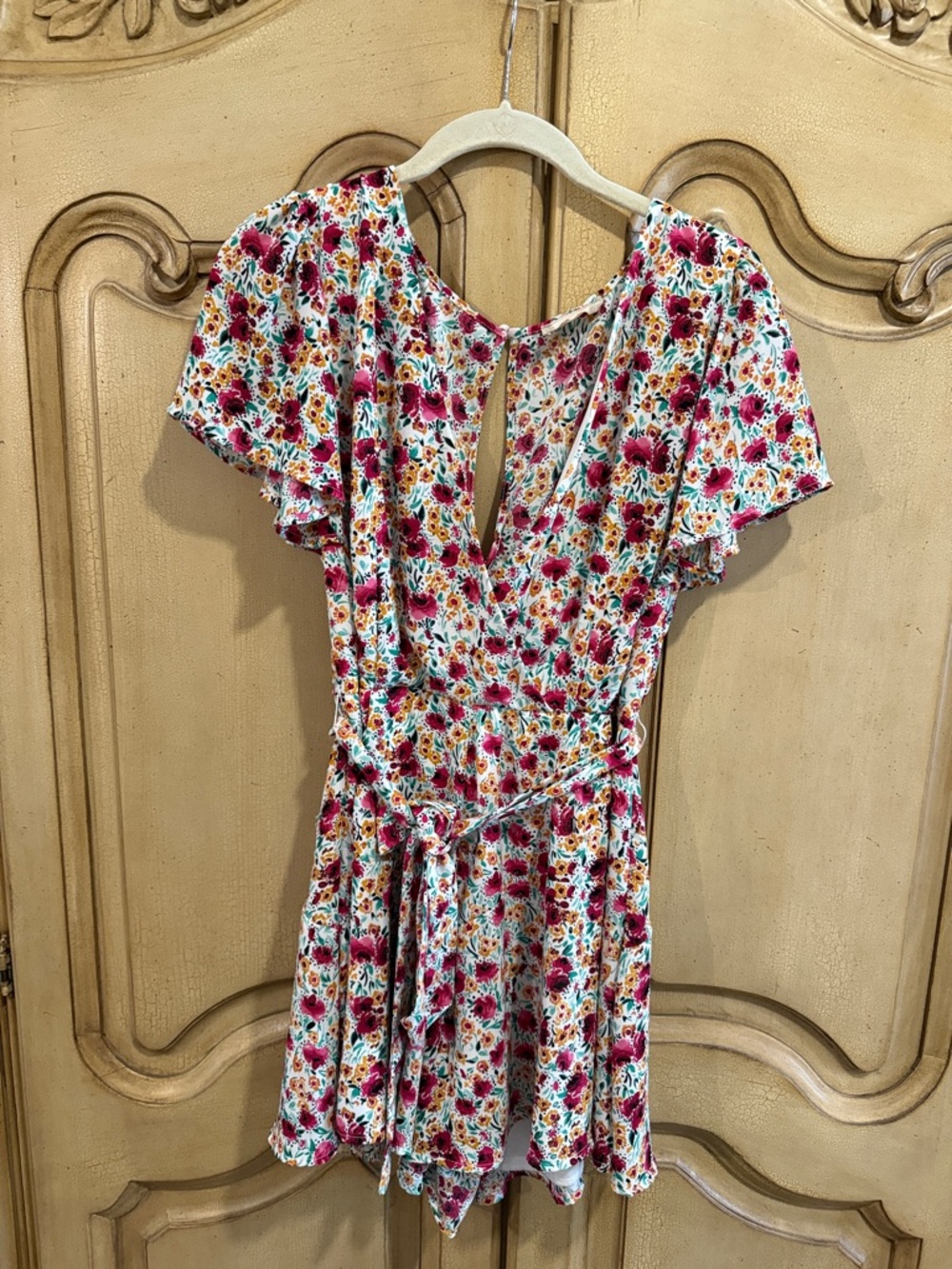 Floral V-Neck Short Sleeve Romper - Pink Multi